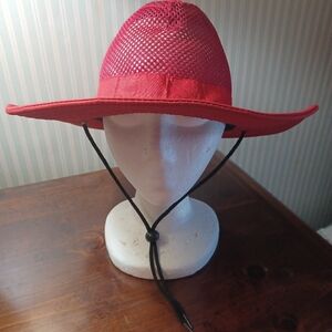 Red Boone Hat with black strap. No brand tag or size tag. 23 inch circumference